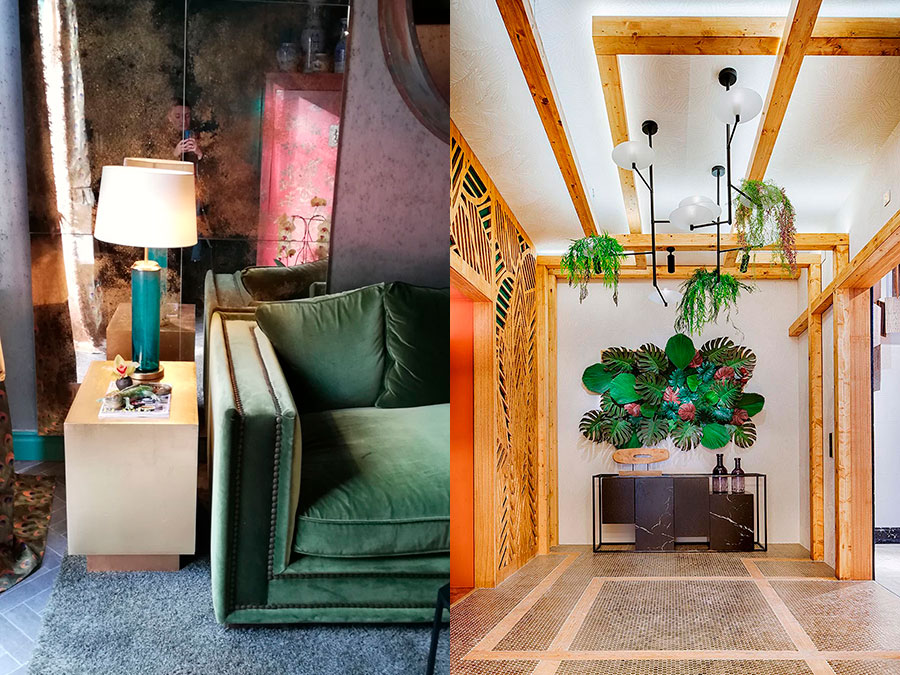Izq: foto detalle de sofá verde de terciopelo. Der: hall de entrada tropical, con hojas verdes, madera y muebles de mármol negro y metal.
