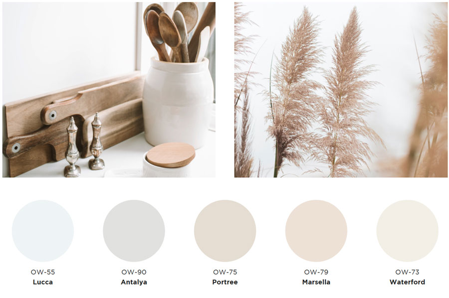 Paleta de colores en tonos claros y neutros, con beige, grises y celestes.