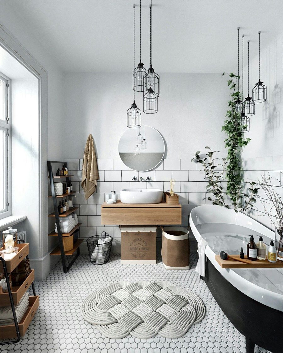 En la foto hay un ejemplo de un baño decorado en estilo nórdico.