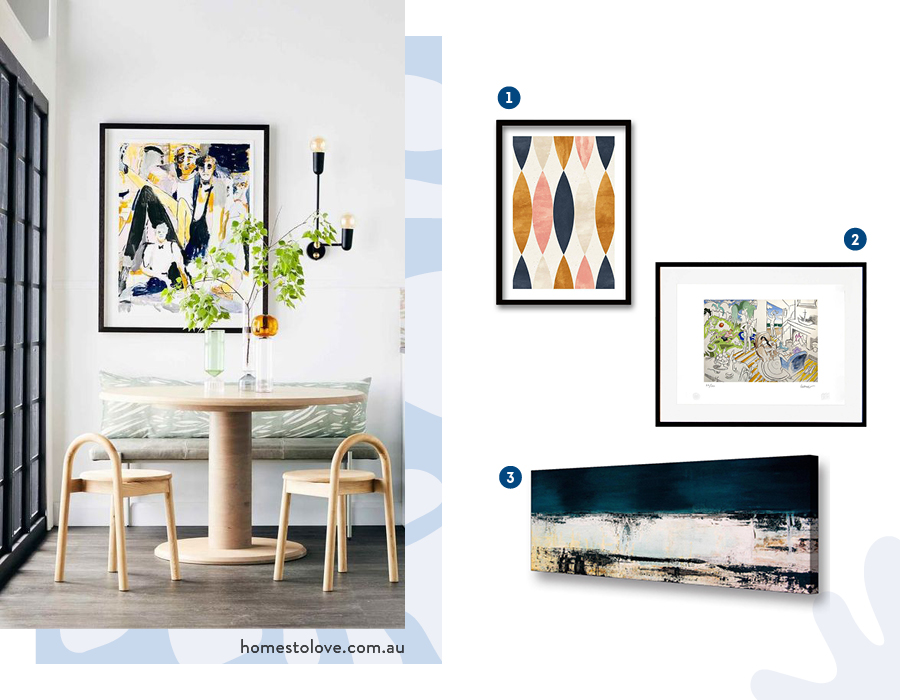 Moodboard de inspiración con cuadros disponibles en Sodimac para decorar el comedor. También hay una imagen de referencia con una mesa de comedor redonda, sillas de madera, una banca con cojines celestes y un gran cuadro que decora la pared.