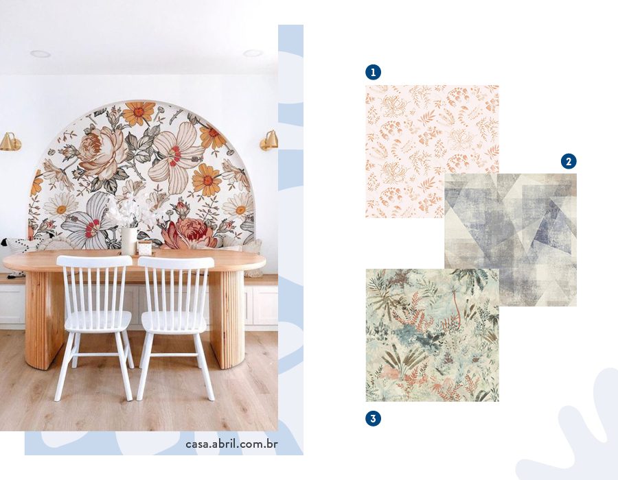 Moodboard de inspiración con papeles murales disponibles en Sodimac para decorar el comedor. También hay una imagen de referencia con una mesa de comedor de madera, sillas blancas y una pared blanca con un arco con papel mural de flores en tonos tierra.