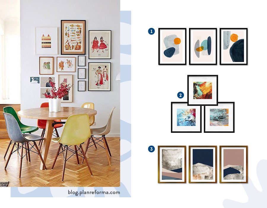 Moodboard de inspiración con tríos de cuadros disponibles en Sodimac para poner en el comedor. También hay una imagen de referencia con una mesa de comedor redonda, sillas de colores y una composición de cuadros con ilustraciones que decoran la pared.