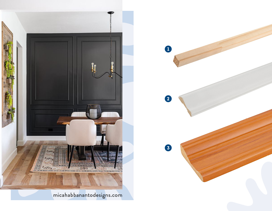 Moodboard de inspiración con molduras disponibles en Sodimac. También hay una imagen de referencia con una mesa de comedor de madera, sillas blancas y una pared negra con molduras.