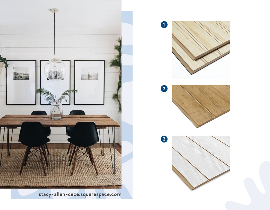 Moodboard de inspiración con revestimientos disponibles en Sodimac para poner en el comedor. También hay una imagen de referencia con una mesa de comedor de madera, sillas negras y una pared de revestimiento de madera y 3 cuadros con fotografías en blanco y negro.