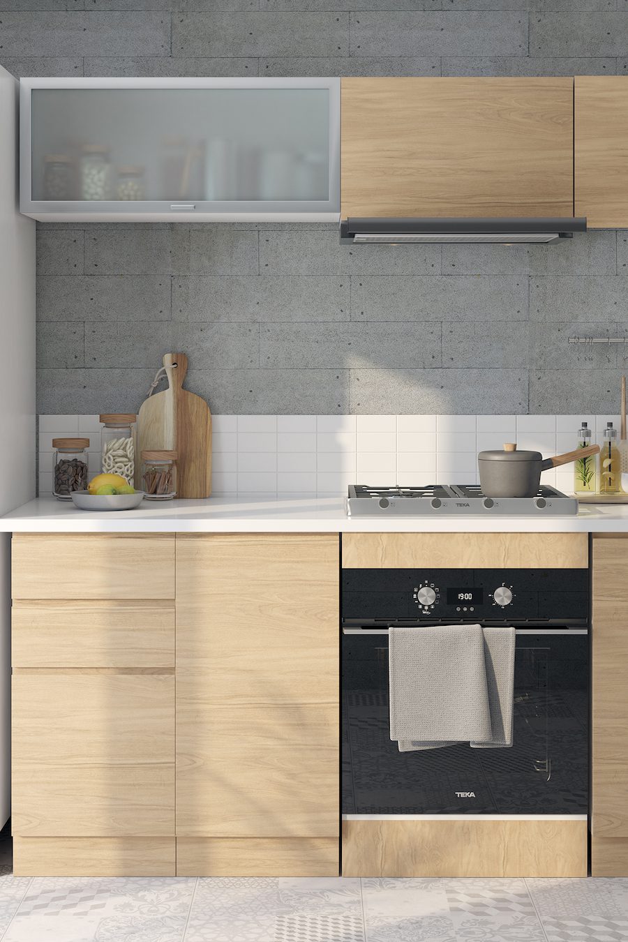 Cocina de muros de concreto y muebles de madera sin manillas. En la cubierta hay contenedores con alimentos, un bowl con fruta, una tabla para picar de madera y una cocina empotrada. Cocina de muros de concreto y muebles de madera sin manillas. En la cubierta hay contenedores con alimentos, un bowl con fruta, una tabla para picar de madera y una cocina empotrada.