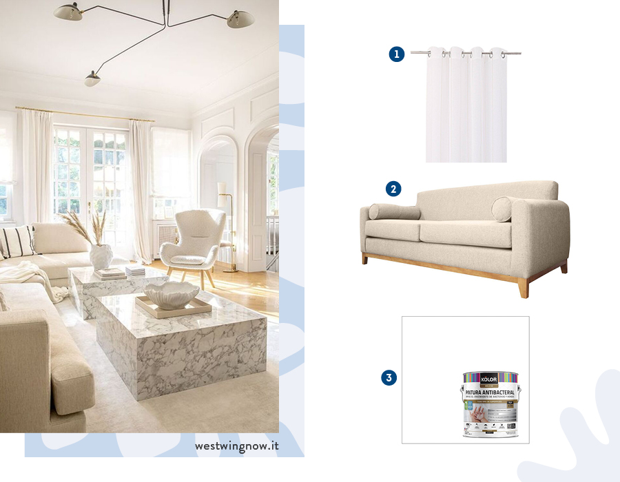 Moodboard de inspiración con una cortina blanca, sofá beige y pintura blanca disponibles en Sodimac.