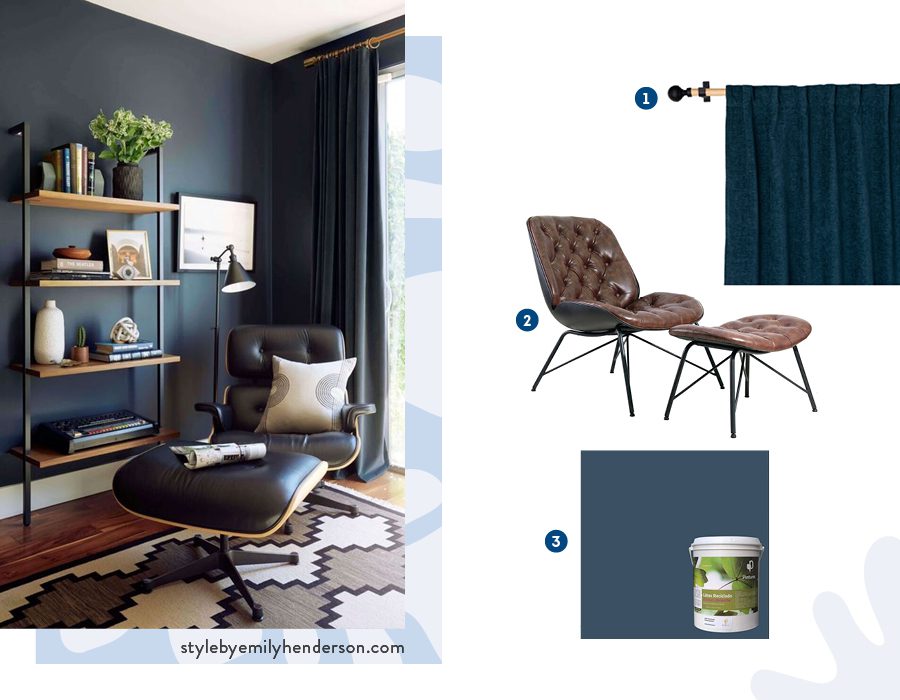 Moodboard de inspiración con una cortina verde petróleo, sillón de estilo industrial y pintura azul petróleo disponibles en Sodimac.