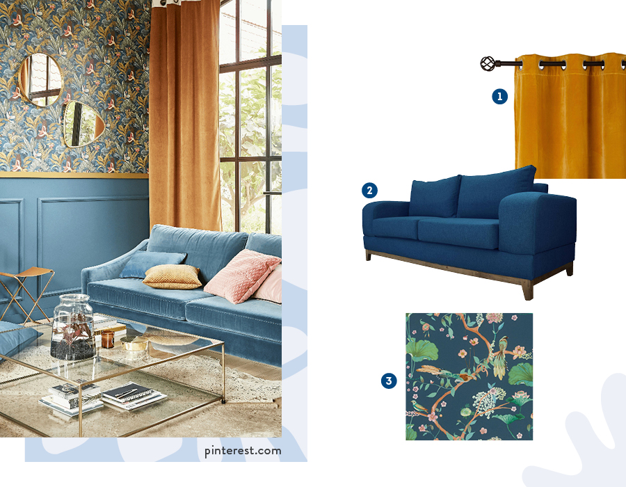 Moodboard de inspiración con una cortina mostaza velvet, sofá azul y papel mural en tonos azules y verdes disponibles en Sodimac.