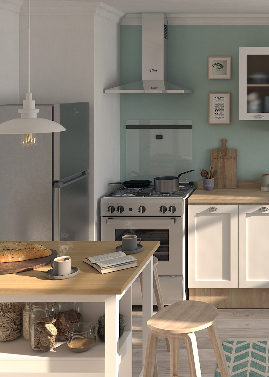 Cocina con piso de madera, paredes blancas y un muro verde menta. Hay un refrigerador, una cocina y a su lado, un mueble blanco con superficie de madera. Hacia el centro hay una isla de cocina blanca con cubierta de madera y sobre ella cuelga una lámpara de techo blanca. Cocina con piso de madera, paredes blancas y un muro verde menta. Hay un refrigerador, una cocina y a su lado, un mueble blanco con superficie de madera. Hacia el centro hay una isla de cocina blanca con cubierta de madera y sobre ella cuelga una lámpara de techo blanca.
