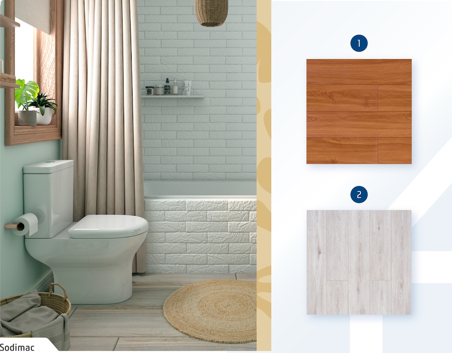 Moodboard de inspiración con la imagen de un baño con tina blanca, cortina beige, WC blanco y piso vinílico de madera clara. Al costado hay 2 pisos vinílicos tipo madera disponibles en Sodimac.