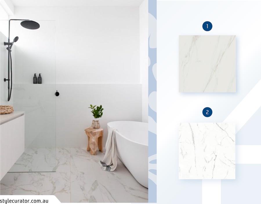Moodboard de inspiración con un baño de paredes blancas, tina blanca y piso de mármol. Al costado hay 2 cerámicas estilo mármol disponibles en Sodimac.